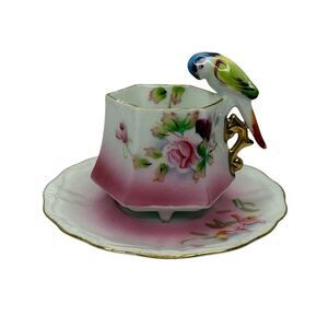 Vintage MK Japan Miniature Porcelain Bird Teacup and Floral Saucer